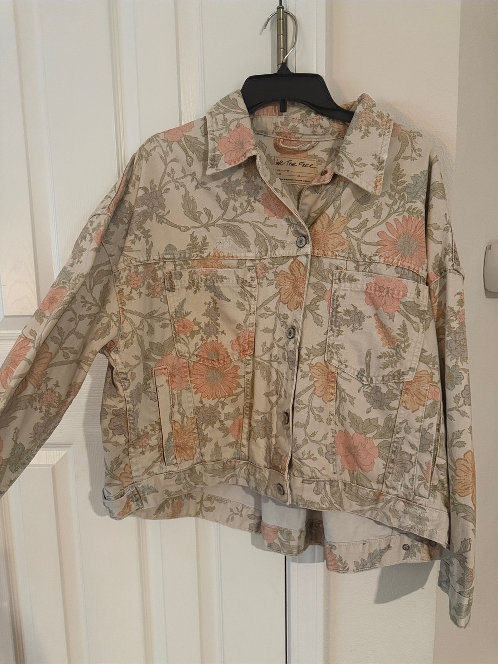 Free People Floral Button-Front Jean Jacket in Cream, Pink and Green
